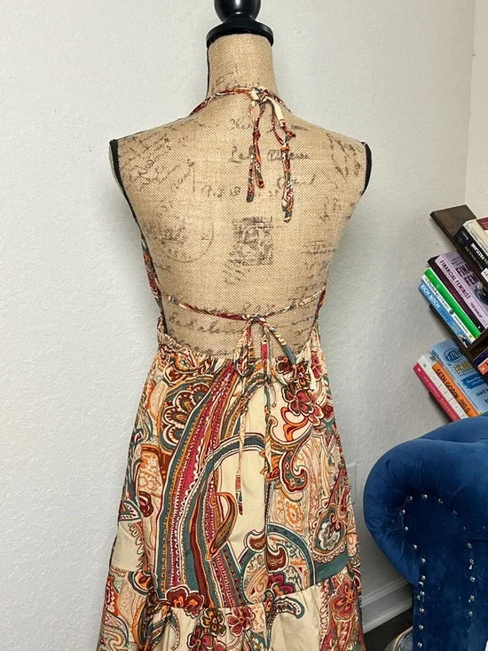 Boho Halter Maxi Dress in Cream & Teal Paisley - Picture 3 of 8